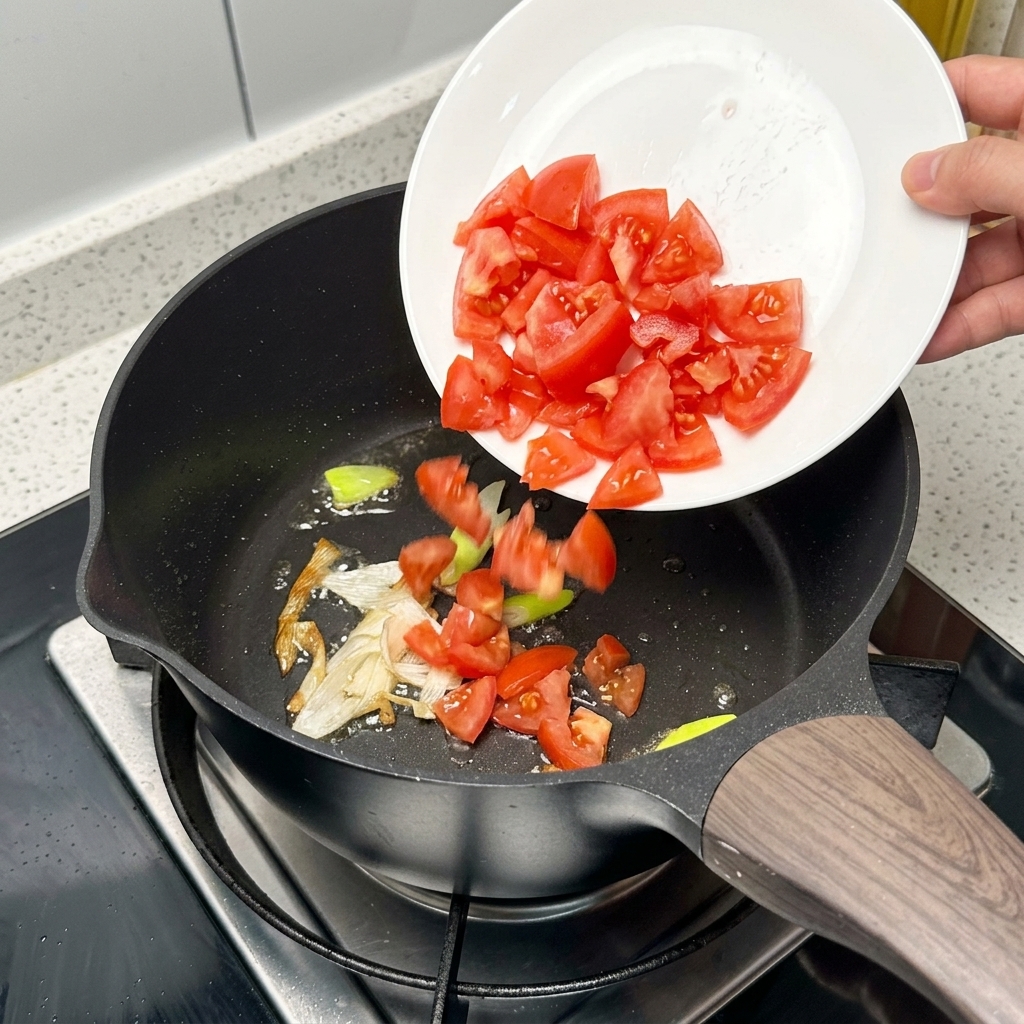 Pomodori tritati aggiunti a una padella con cipollotti soffritti.