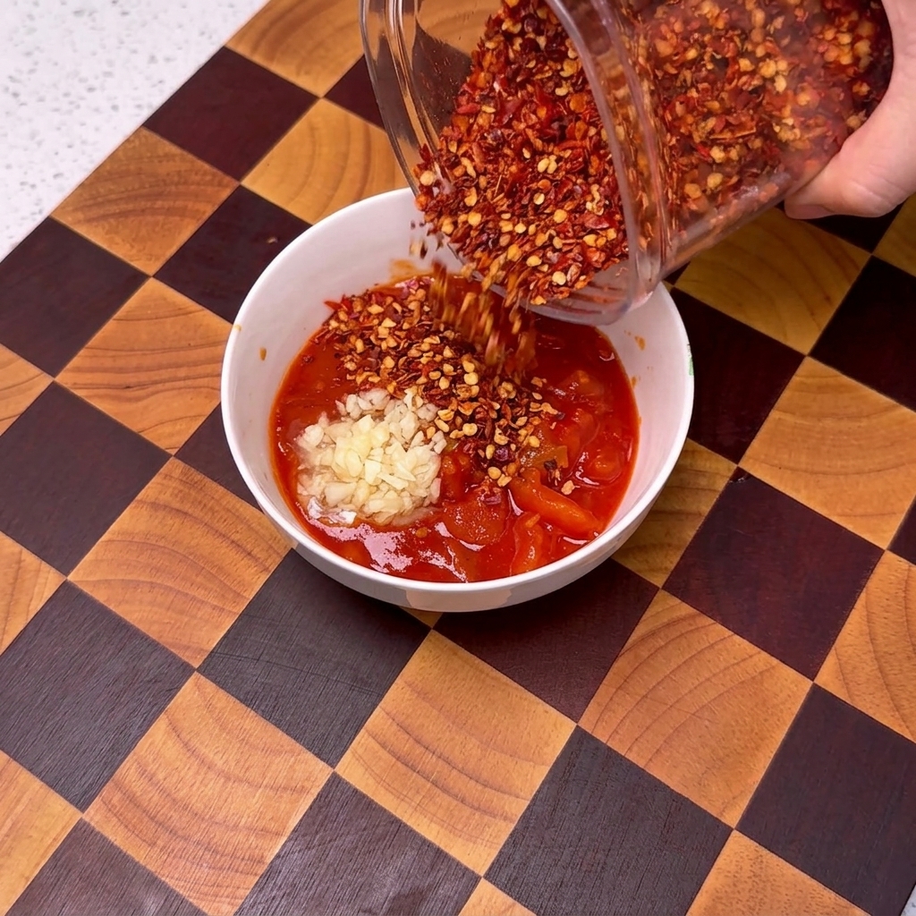 Una ciotola di salsa di pomodoro a cui vengono aggiunti aglio, peperoncino, sesamo e zucchero.
