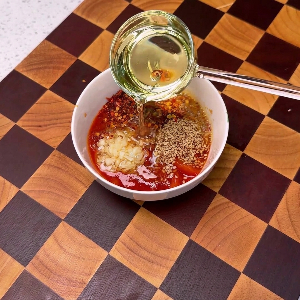 Olio bollente versato su una ciotola di salsa di pomodoro, creando un effetto sfrigolante.