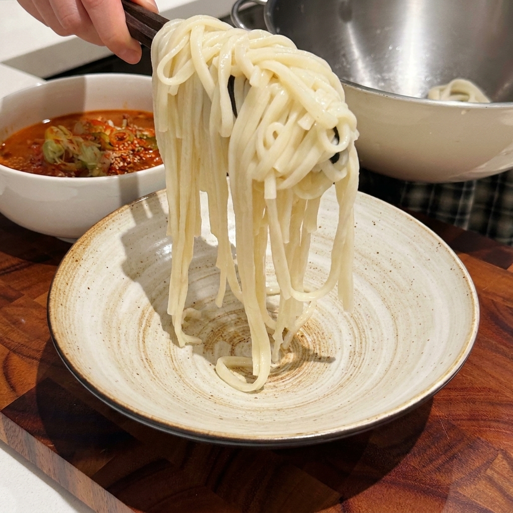 Udon trasferiti con le pinze da cucina in una ciotola di ceramica.