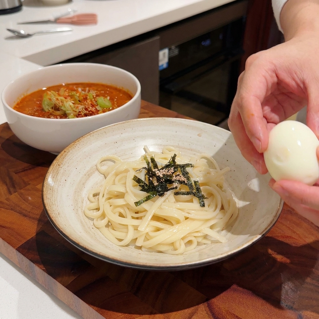 Un uovo barzotto posizionato sopra una ciotola di Udon con guarnizione.