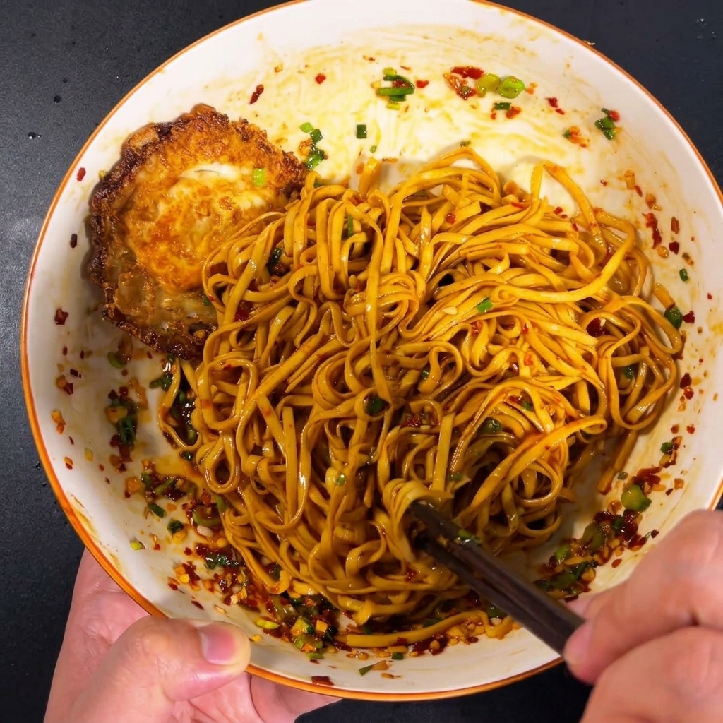 Noodles cotti in una ciotola mescolati con la salsa aromatica usando le bacchette.