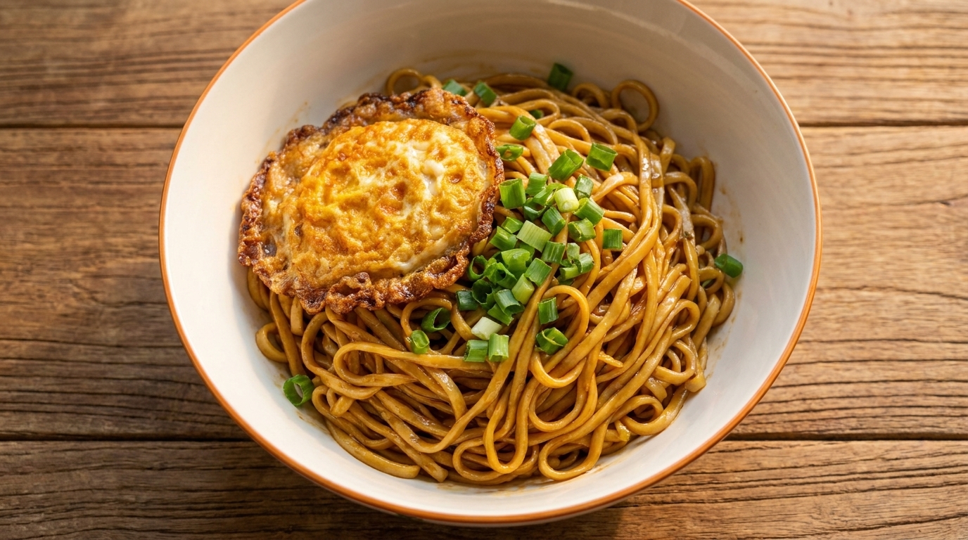 Una ciotola di noodles saporiti conditi, guarniti con un uovo fritto croccante e cipollotti freschi.
