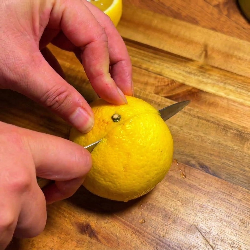 Un coltello taglia a metà un frutto di yuzu fresco e giallo brillante su un tagliere di legno.