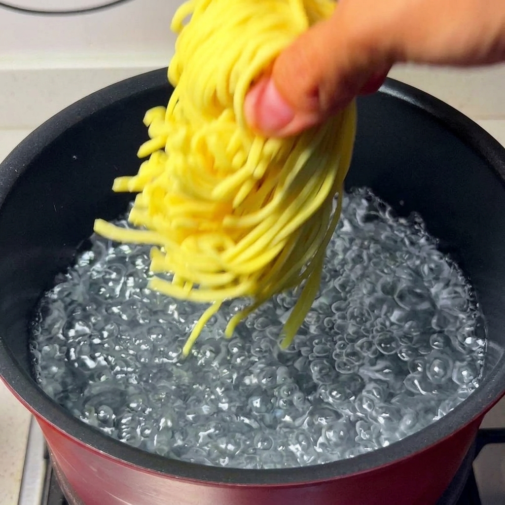 I noodles vengono sollevati da una pentola bollente con le bacchette e messi in una ciotola con acqua ghiacciata.