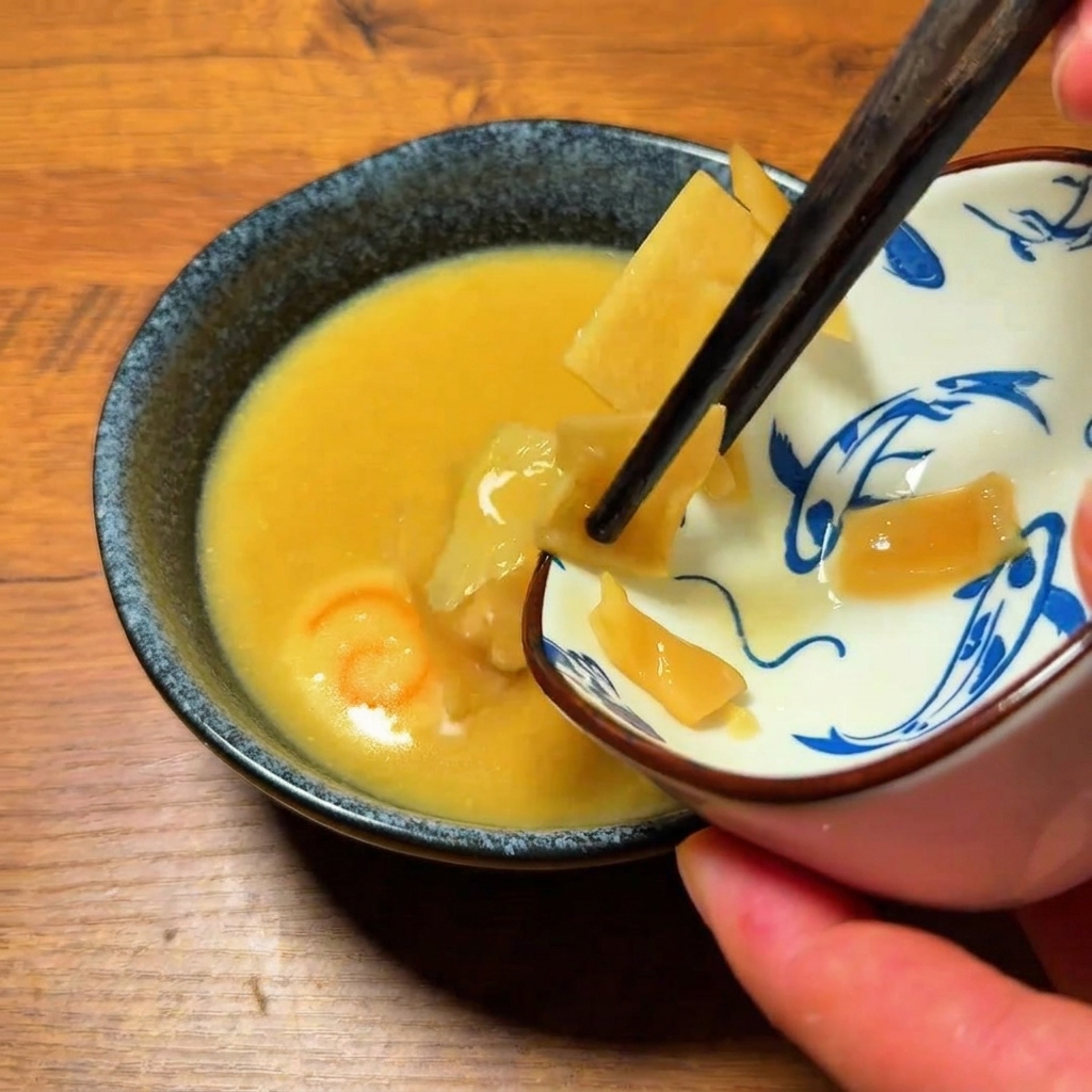 Germogli di bambù, cipollotti e olio aromatico vengono aggiunti a una ciotola di brodo di immersione stagionato.
