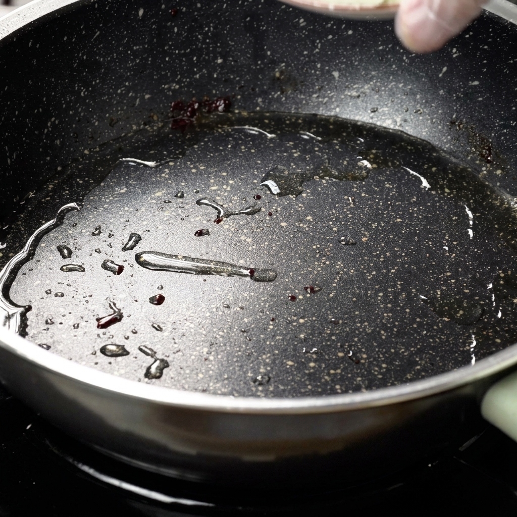 Strisce di cipolla che saltano in padella con lolio residuo finché non diventano traslucide.