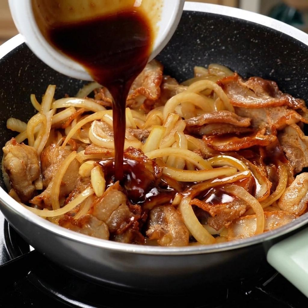 Salsa yakiniku versata su maiale e cipolle in una padella per il tocco finale.