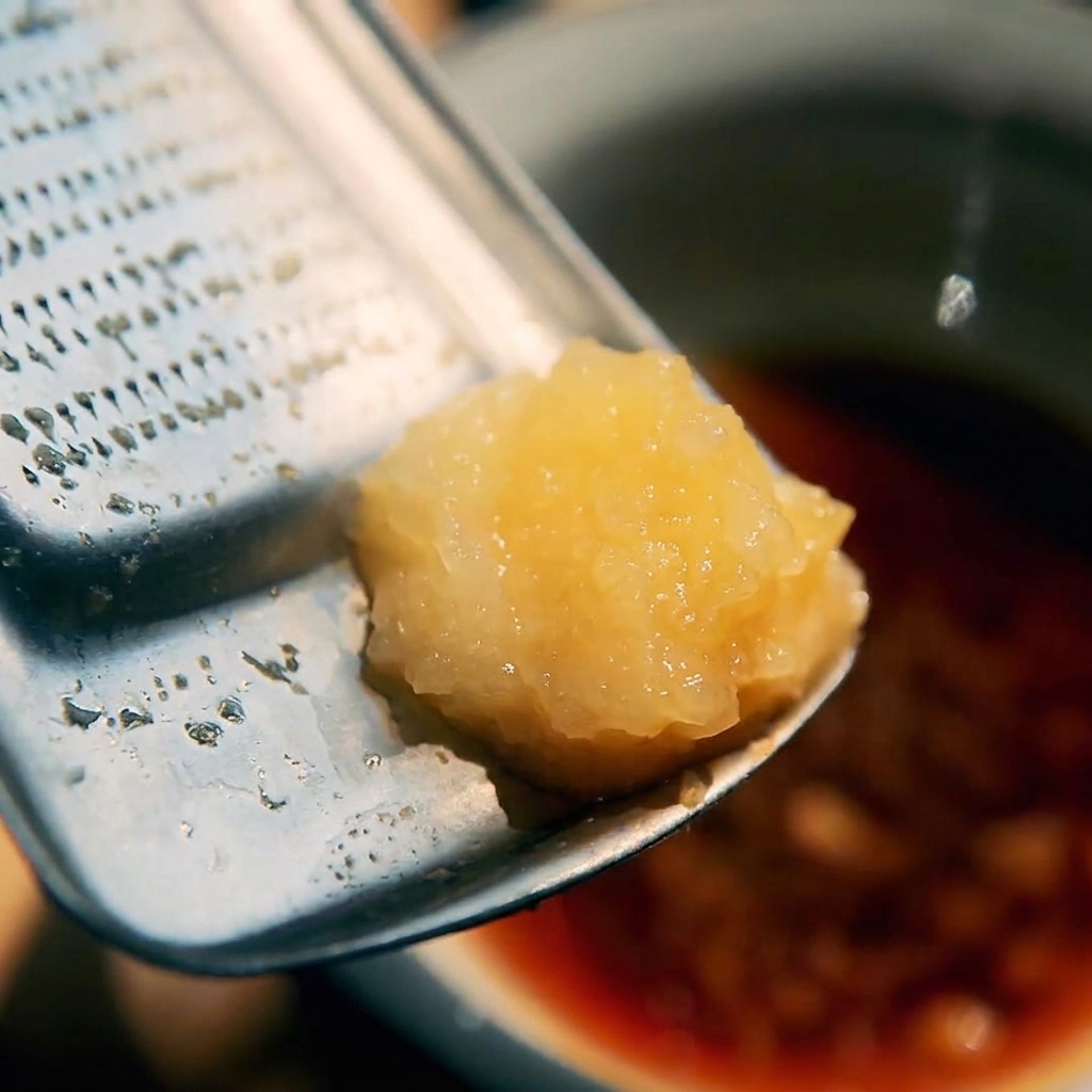 Una grattugia di metallo tenuta sopra una ciotola, con polpa di zenzero fresco e aglio pronta a cadere nella salsa.