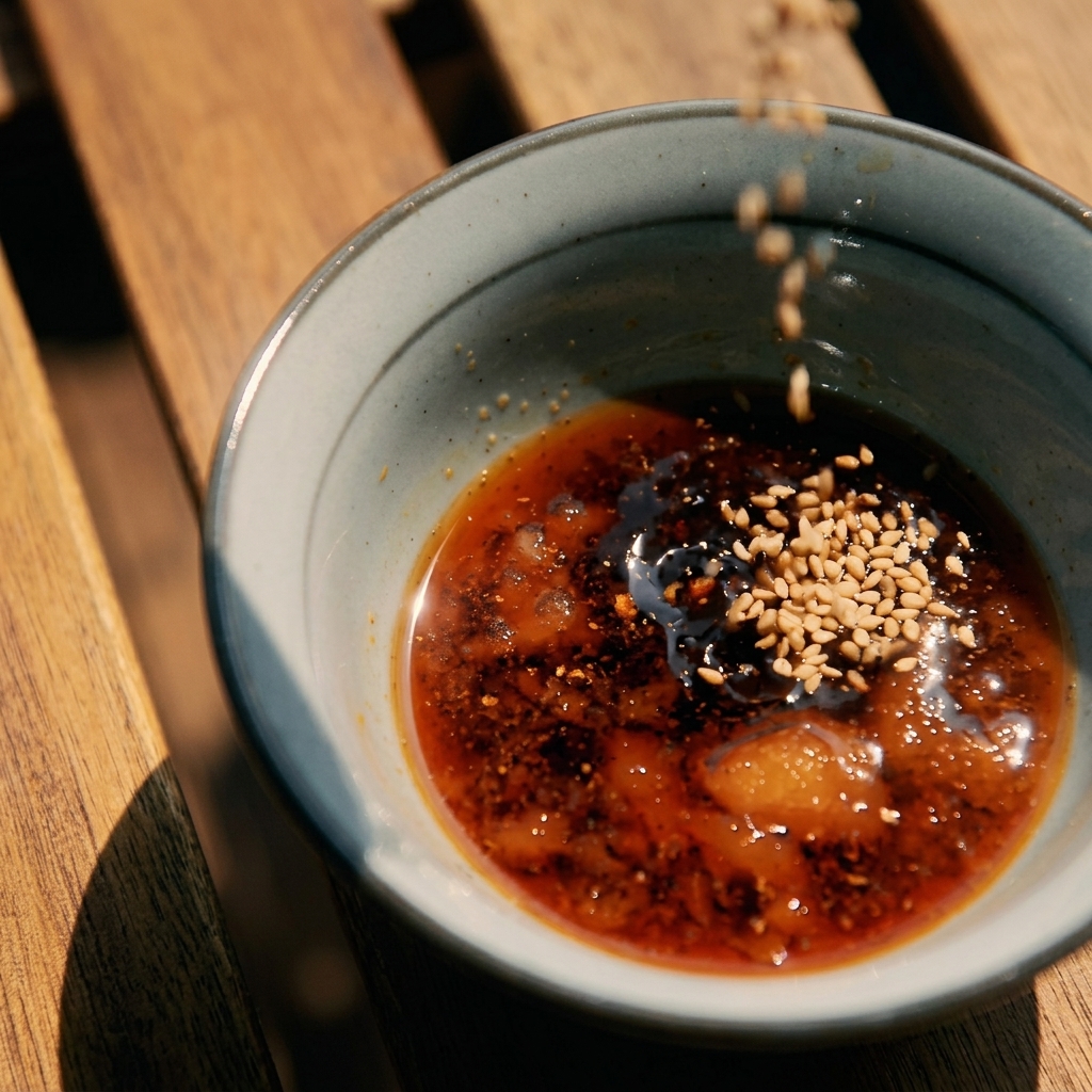 Semi di sesamo sparsi in una ciotola di salsa Yakiniku scura, con olio di sesamo già incorporato.