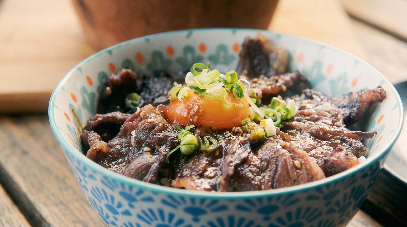 Ciotola di riso giapponese con manzo grigliato (Yakiniku Don)