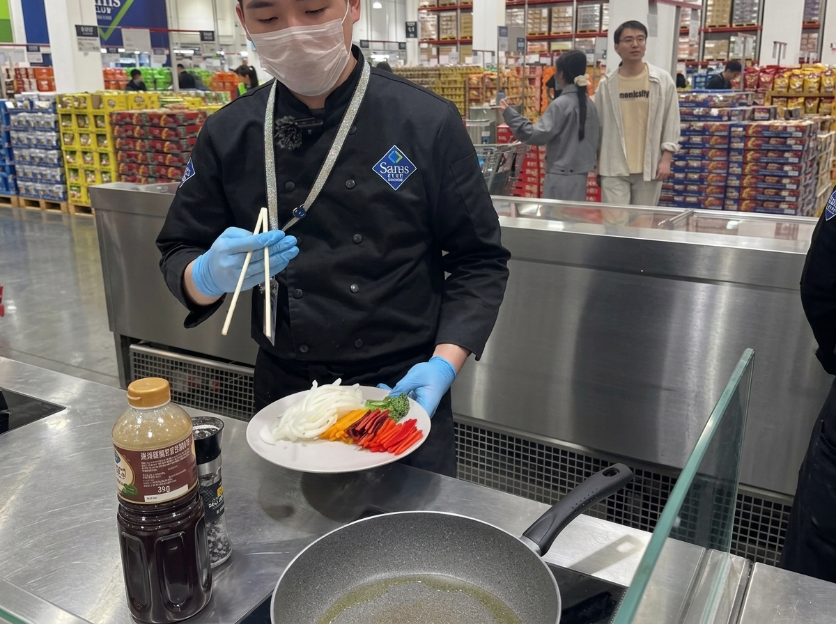 Peperoni colorati, cipolle e baby broccoli che saltano in una padella calda.