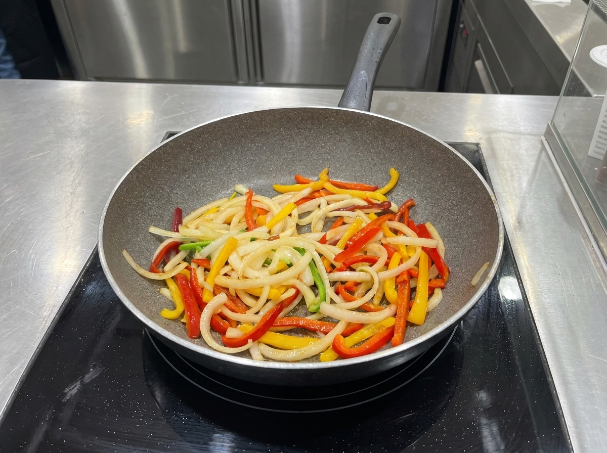 Verdure in padella condite con salsa BBQ e salsa di soia.
