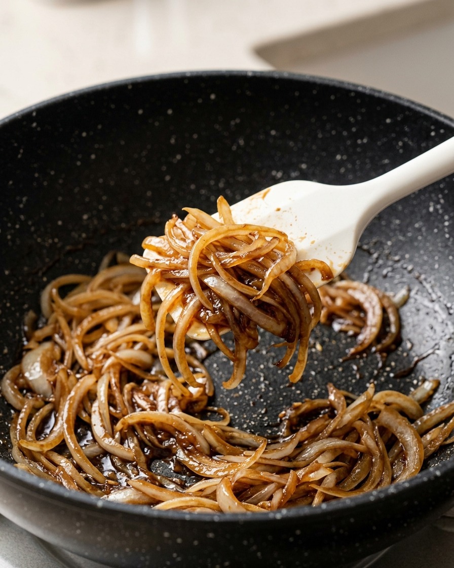 Fettine di manzo sbollentate aggiunte nella padella con le cipolle saltate.