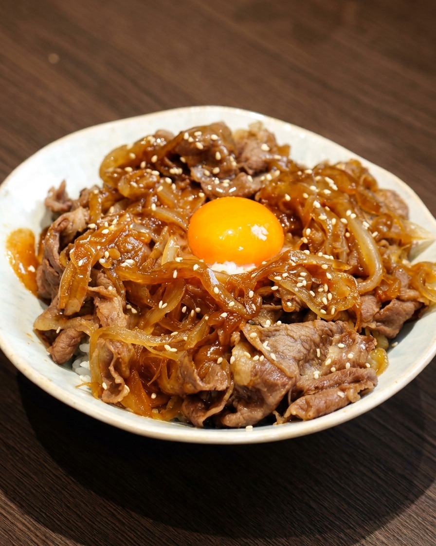 La ciotola di riso al manzo teriyaki finita, guarnita con tuorlo duovo, semi di sesamo e cipollotto.