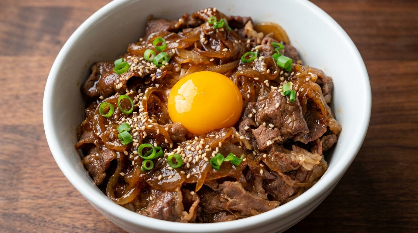 Una saporita ciotola di riso con manzo teriyaki, guarnita con un tuorlo duovo lucido, semi di sesamo e cipollotti freschi.