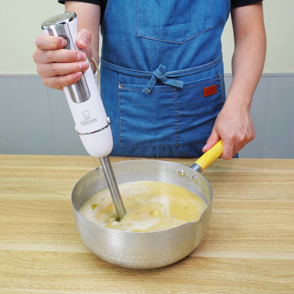 Un frullatore a immersione inserito in una pentola di brodo e verdure cotte, per creare una vellutata liscia e densa.