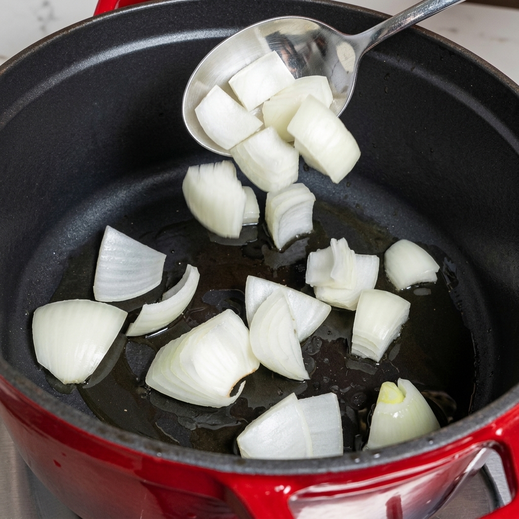 Cipolle che appassiscono in una pentola con dellolio.