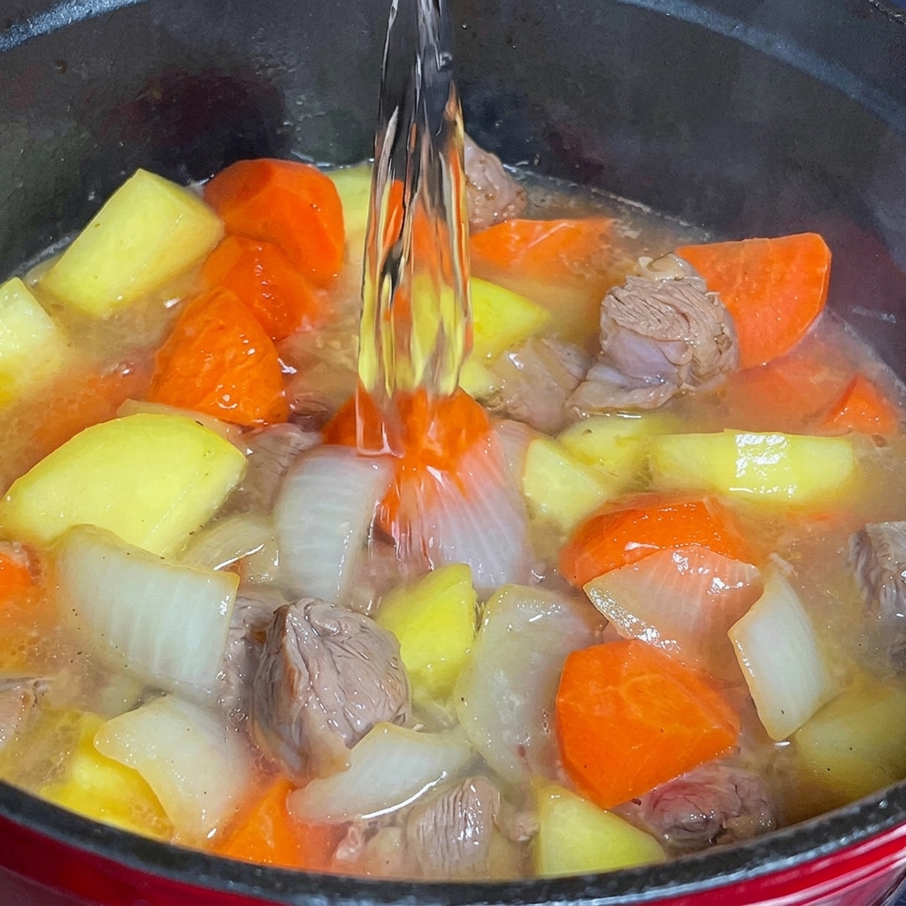 Acqua versata nella pentola con carne, carote e cipolle.