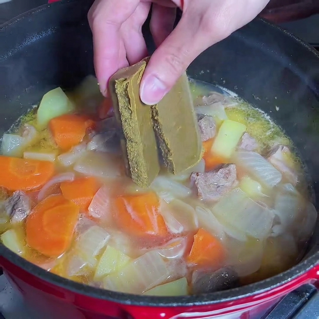 Mano che aggiunge cubetti di curry solido nel brodo in ebollizione.