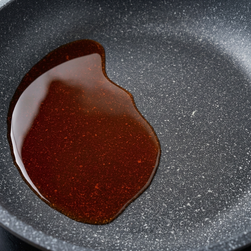 Uova sbattute versate in una padella antiaderente calda con olio.