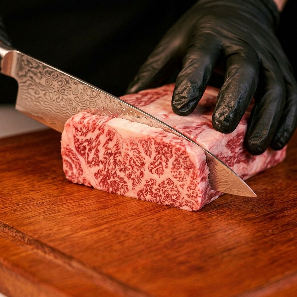 Una mano con guanto tiene un coltello mentre taglia della bistecca di manzo di alta qualità in cubetti uniformi su un tagliere di legno insieme alle verdure preparate.
