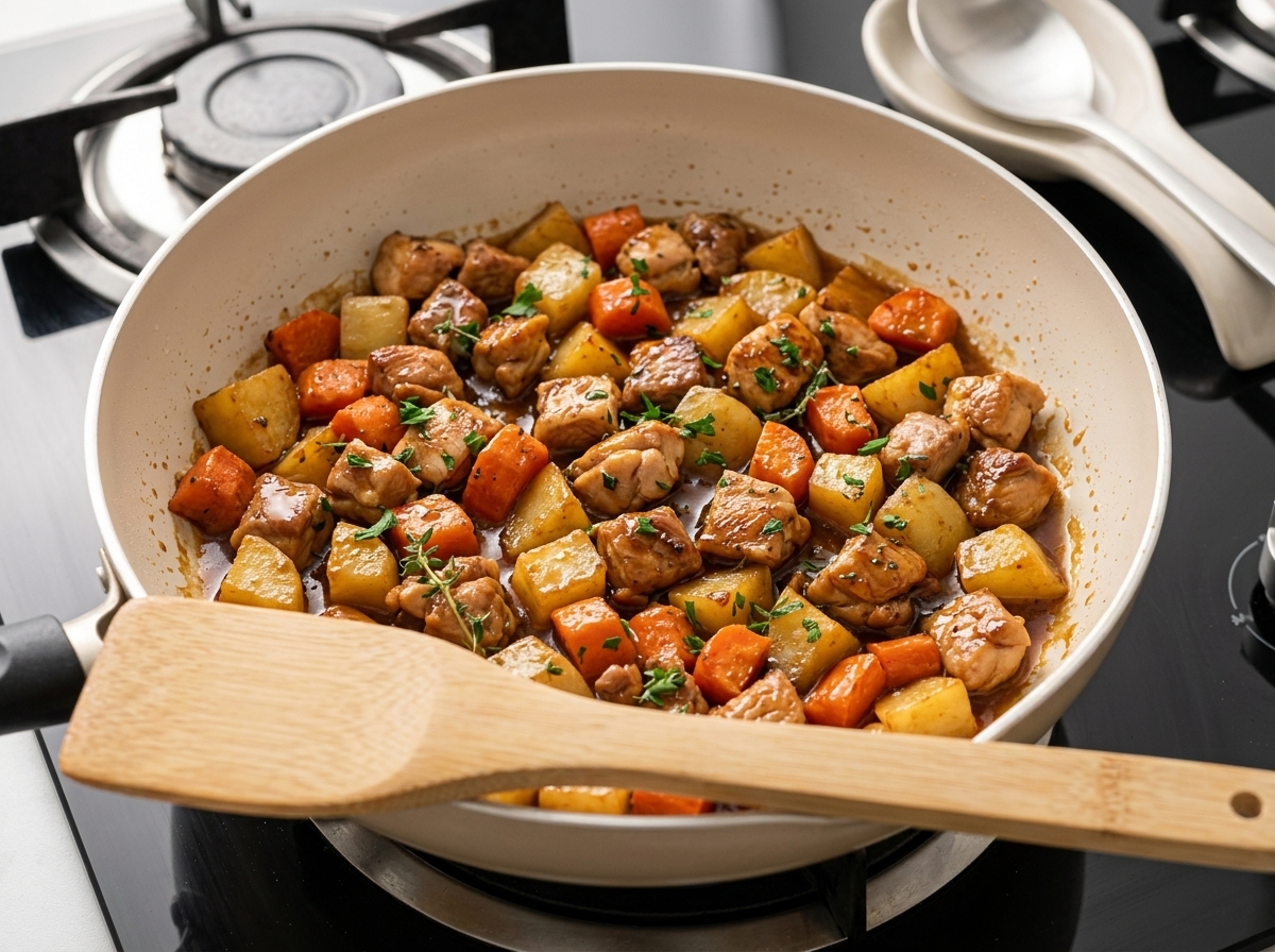 Panetti di roux di curry posizionati in una padella con manzo rosolato e colorati cubetti di verdure.
