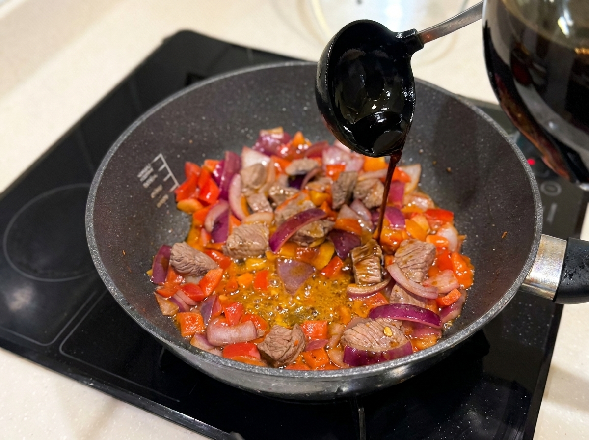 Salsa di soia versata nella padella contenente manzo e verdure saltate.
