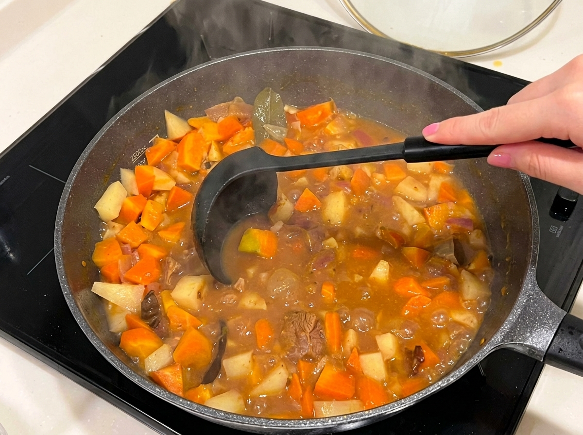 Vista ravvicinata di una salsa curry marrone scuro e densa mescolata in padella con manzo tenero e verdure.