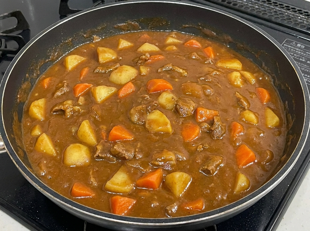 Un filo di latte versato in una padella di curry di manzo che sobbolle, che si mescola alla salsa densa.