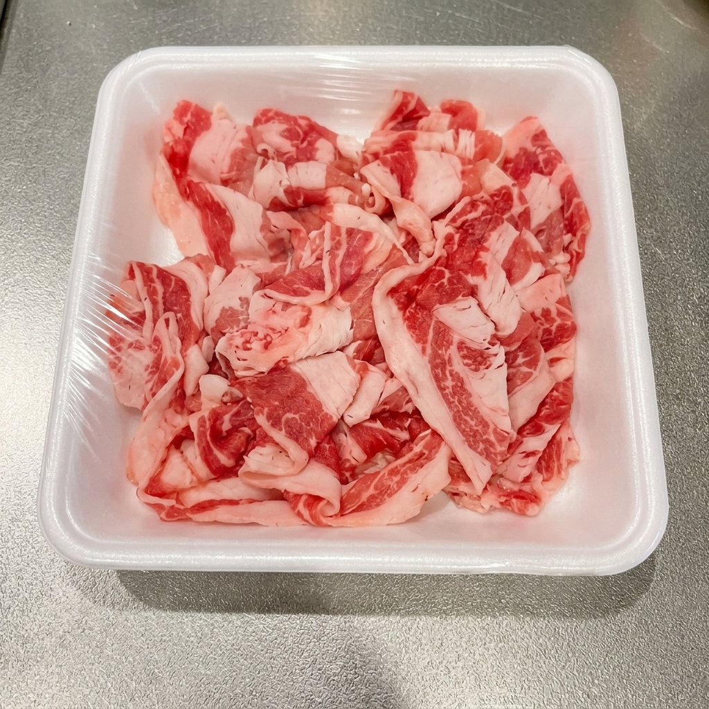 Fette sottili di manzo sbollentate in una pentola di acqua bollente.