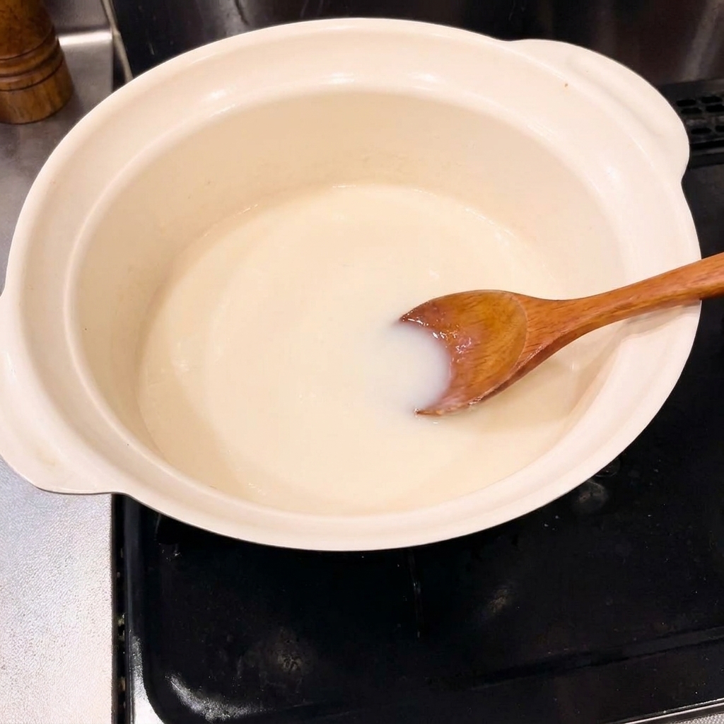 Pezzi di cipolla saltati in una pentola di ceramica.