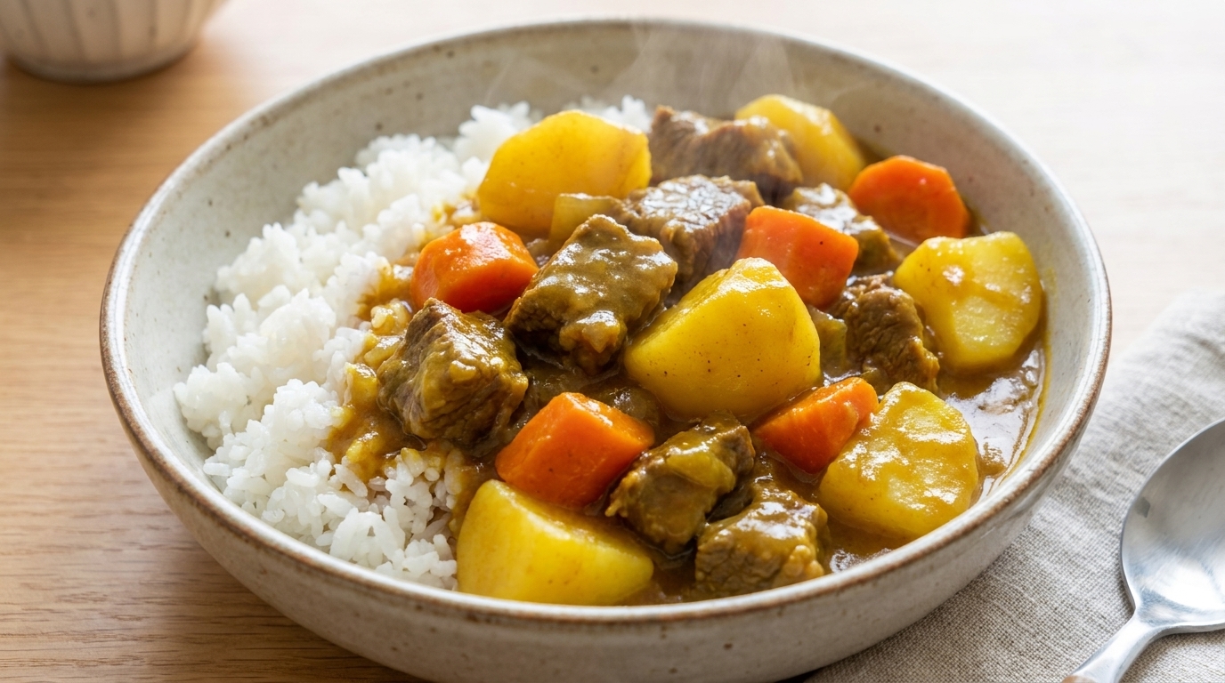 Una sostanziosa ciotola di tenero manzo al curry con patate e carote servita su soffice riso bianco.