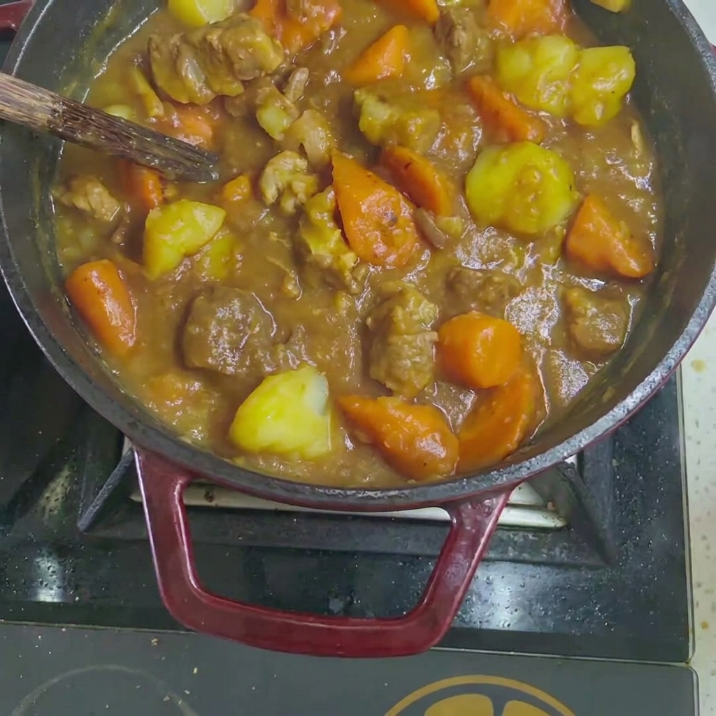 Cubetti solidi di curry versati nello stufato di manzo e verdure.