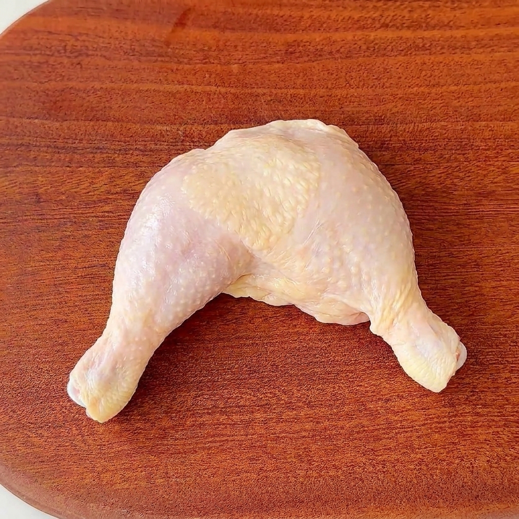 Due cosce di pollo tagliate a pezzi uniformi di dimensioni ridotte su un tagliere di legno pulito.