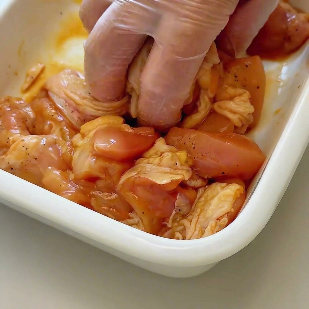 Pezzi di pollo crudo massaggiati con condimenti e amido di mais in una ciotola bianca.