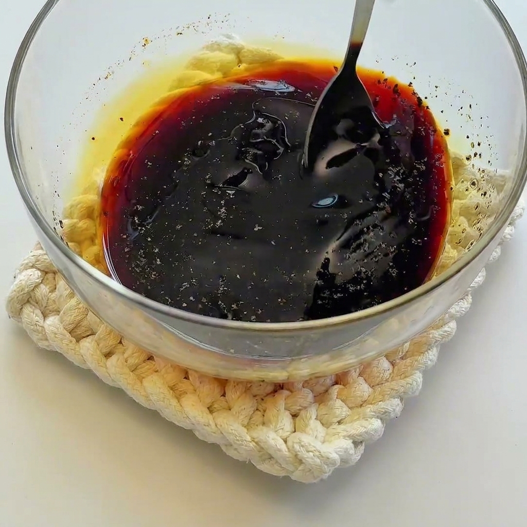 Base di salsa scura e saporita mescolata con un cucchiaio in una piccola ciotola di vetro.