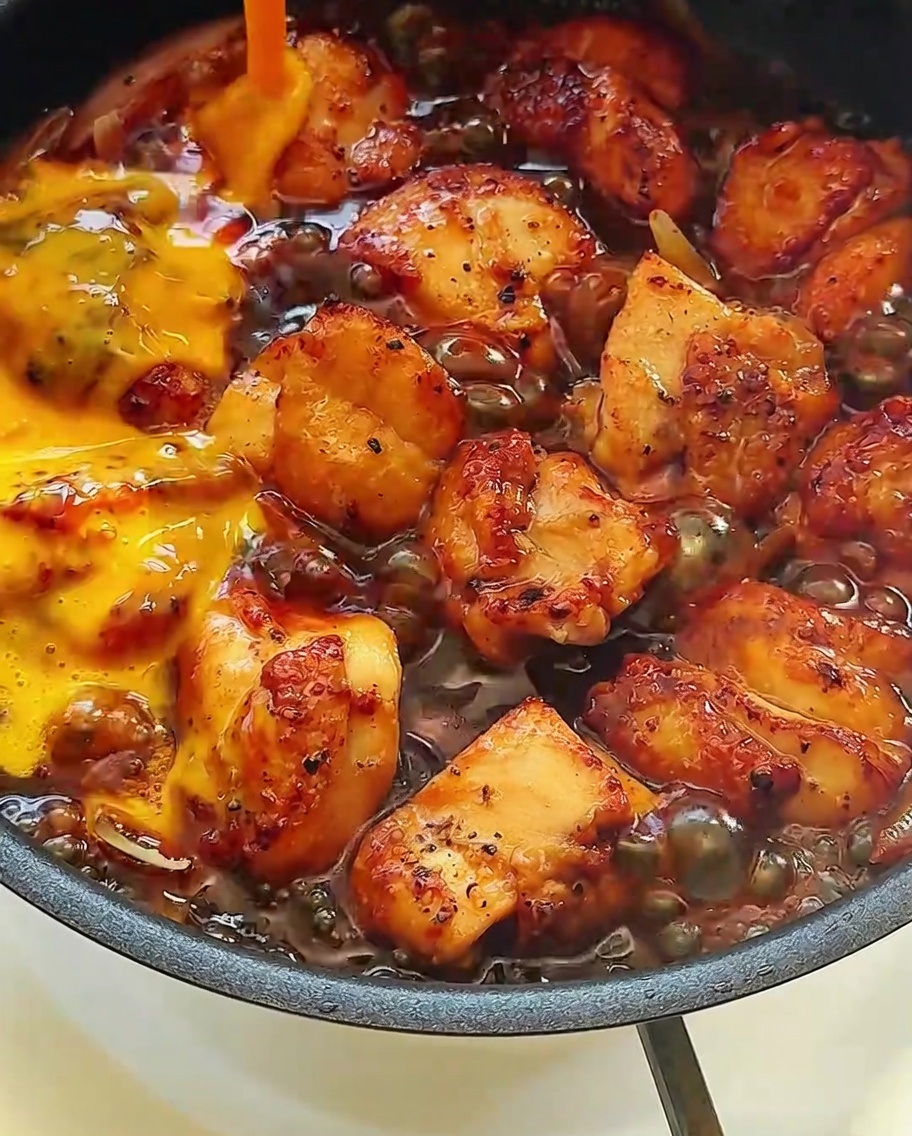 Uova sbattute versate sul pollo glassato e sulla salsa che sobbolle in padella, creando un effetto dorato stratificato.