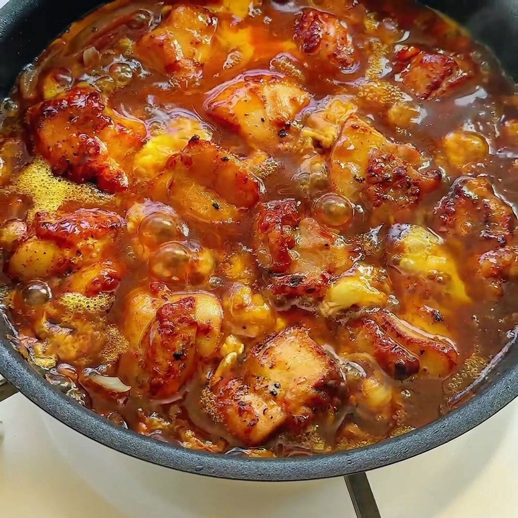 Primo piano del piatto finito di uova e pollo in padella, guarnito con cipollotti freschi e semi di sesamo tostati.