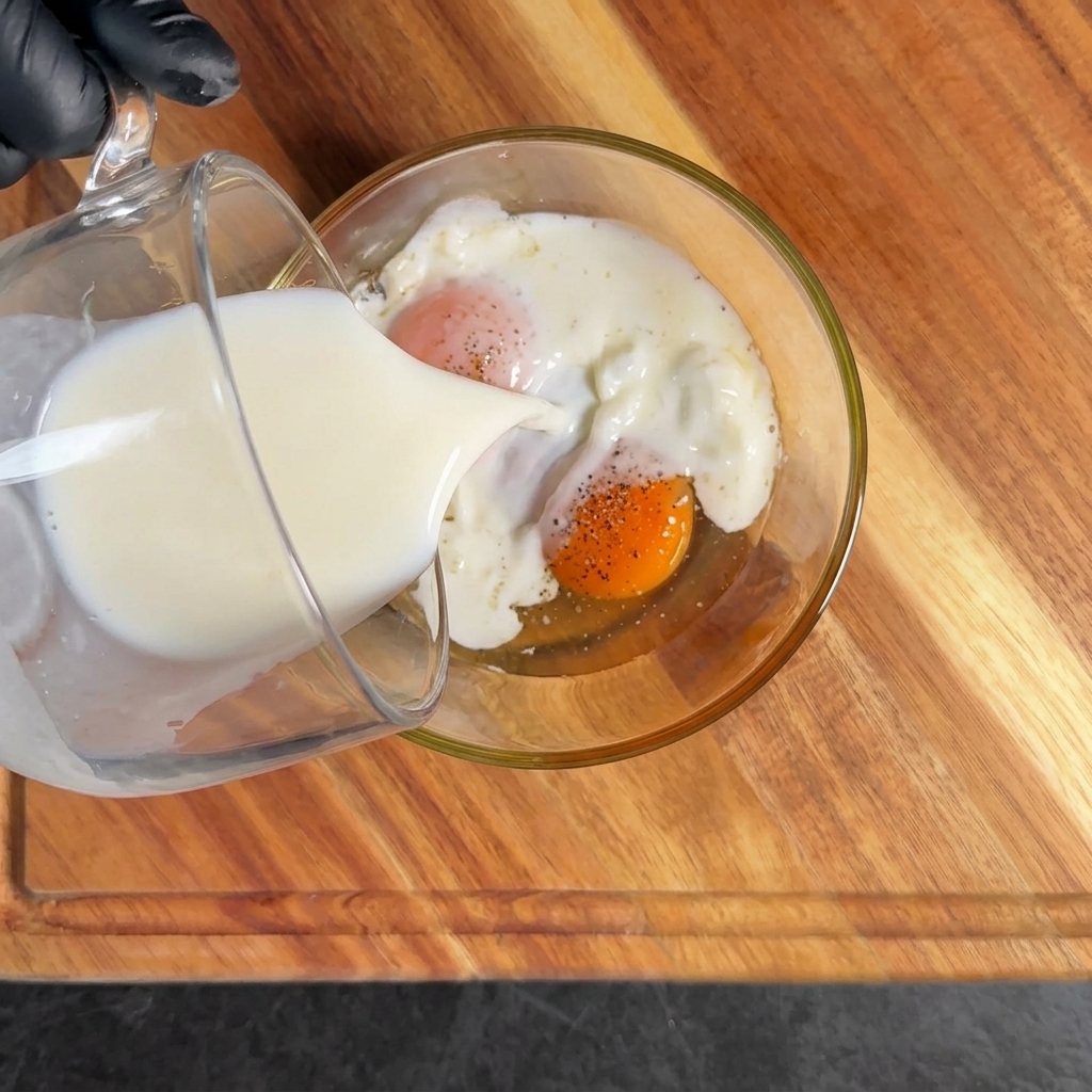 Un composto di uova, latte e spezie sbattuto in una ciotola di vetro.