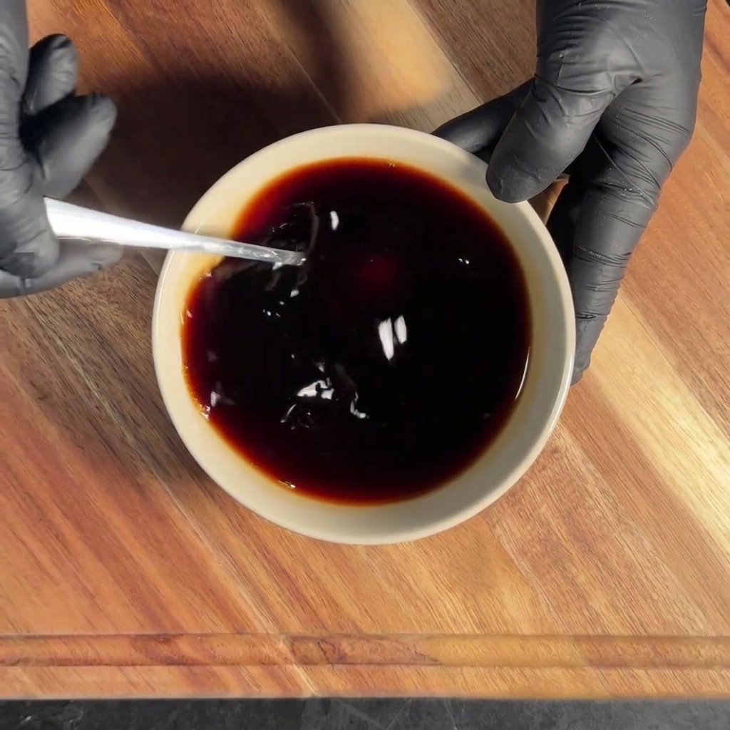 Gli ingredienti della salsa mescolati in una ciotola bianca.