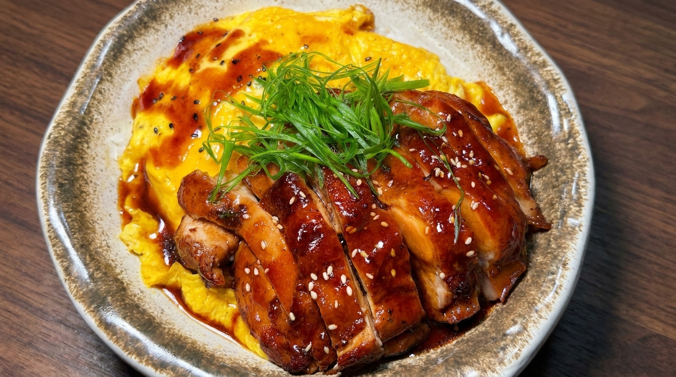 Cosce di Pollo Glassate al Miele con Uova Strapazzate su Riso