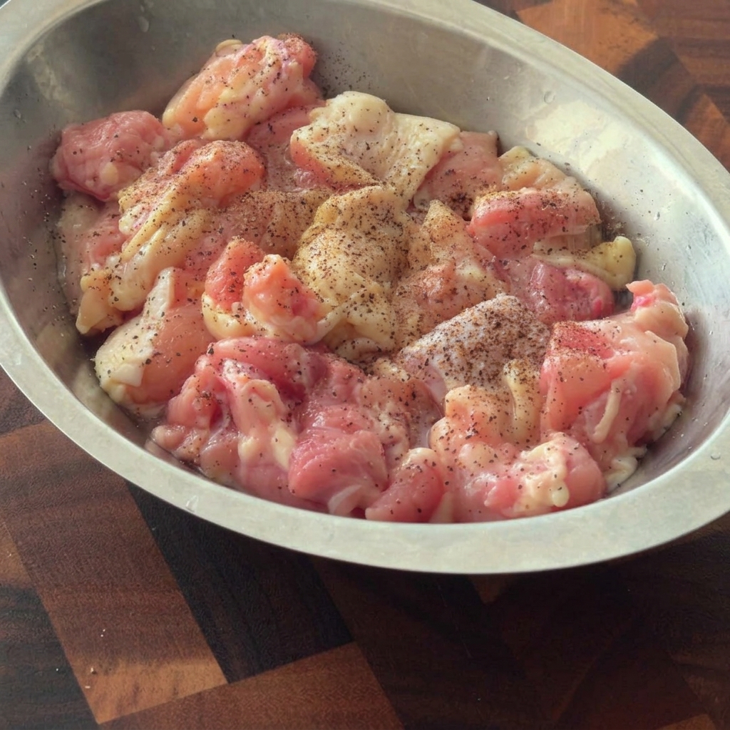 Pezzi di pollo marinati con condimento in una ciotola di metallo.