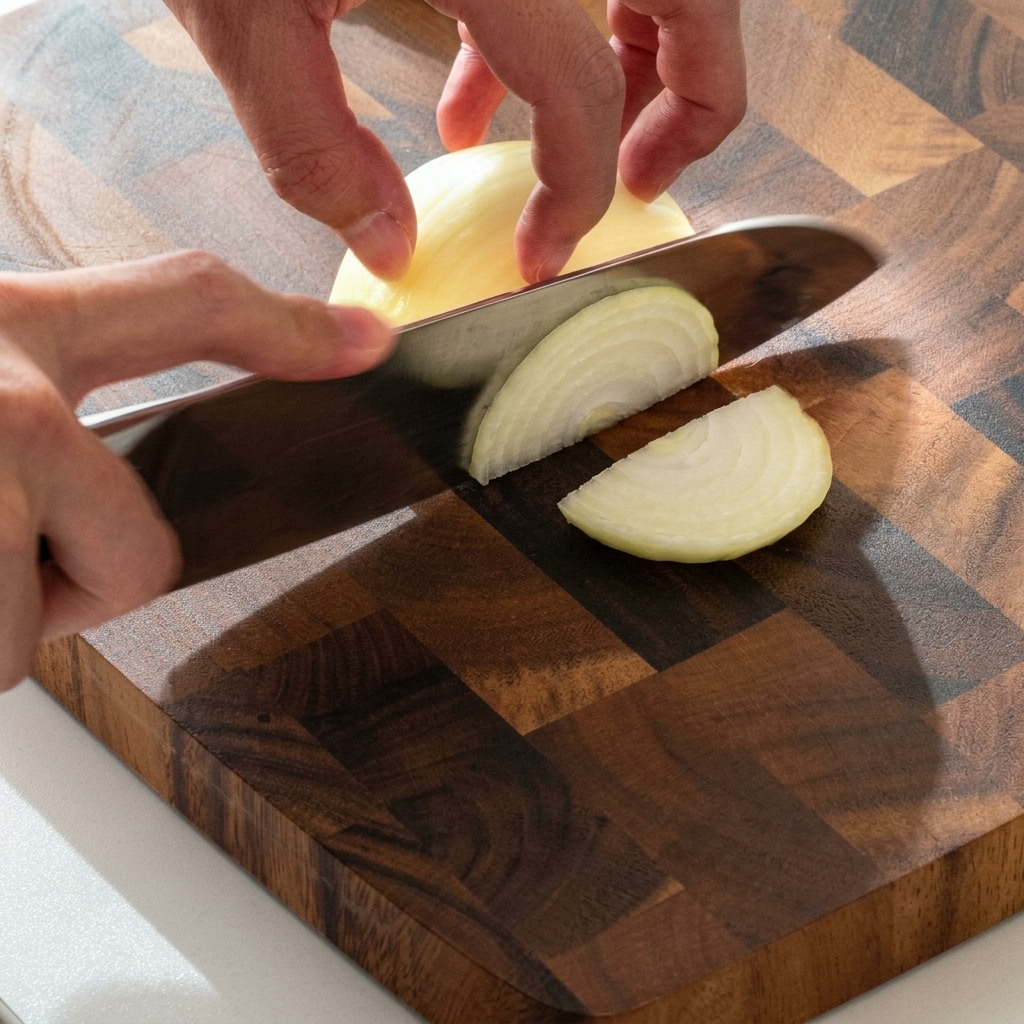 Mezza cipolla bianca tagliata a listarelle sottili su un tagliere di legno.