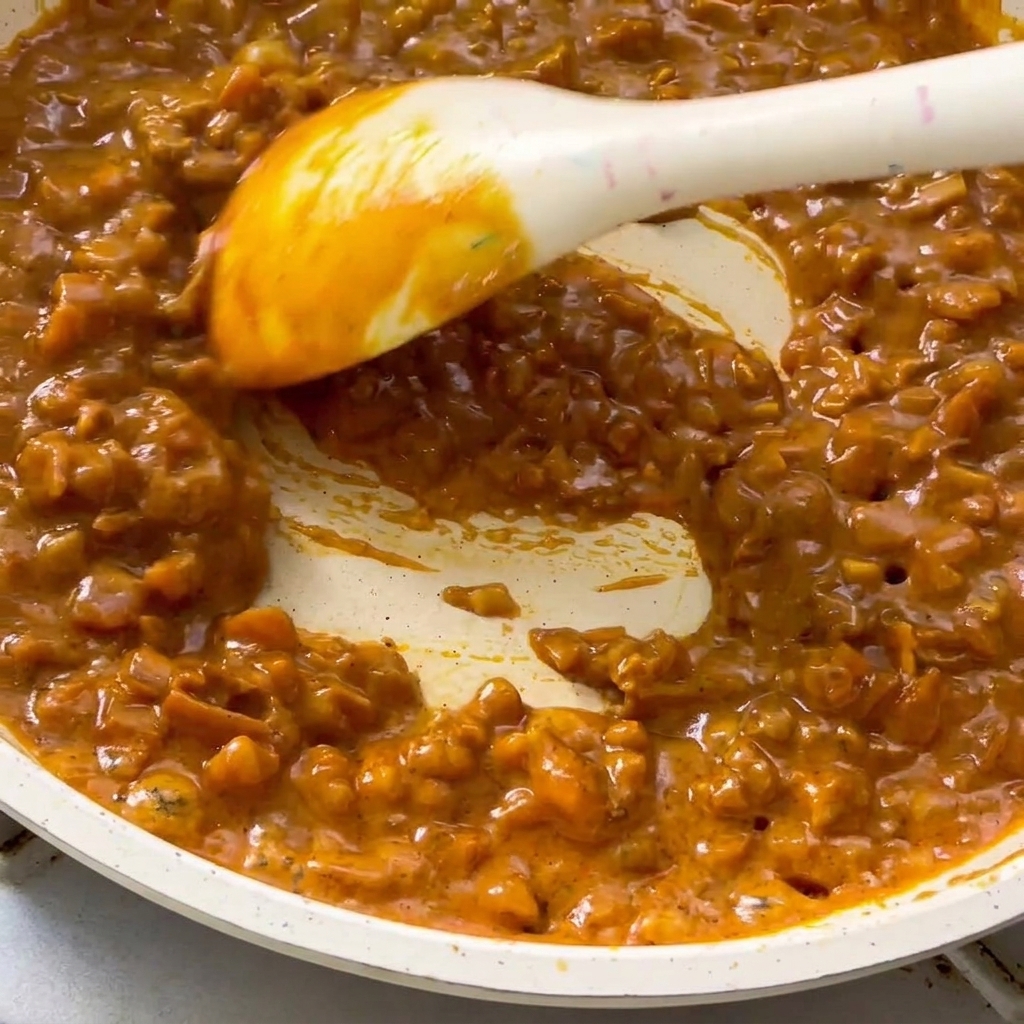 La salsa al curry densa e cremosa in padella che viene mescolata.