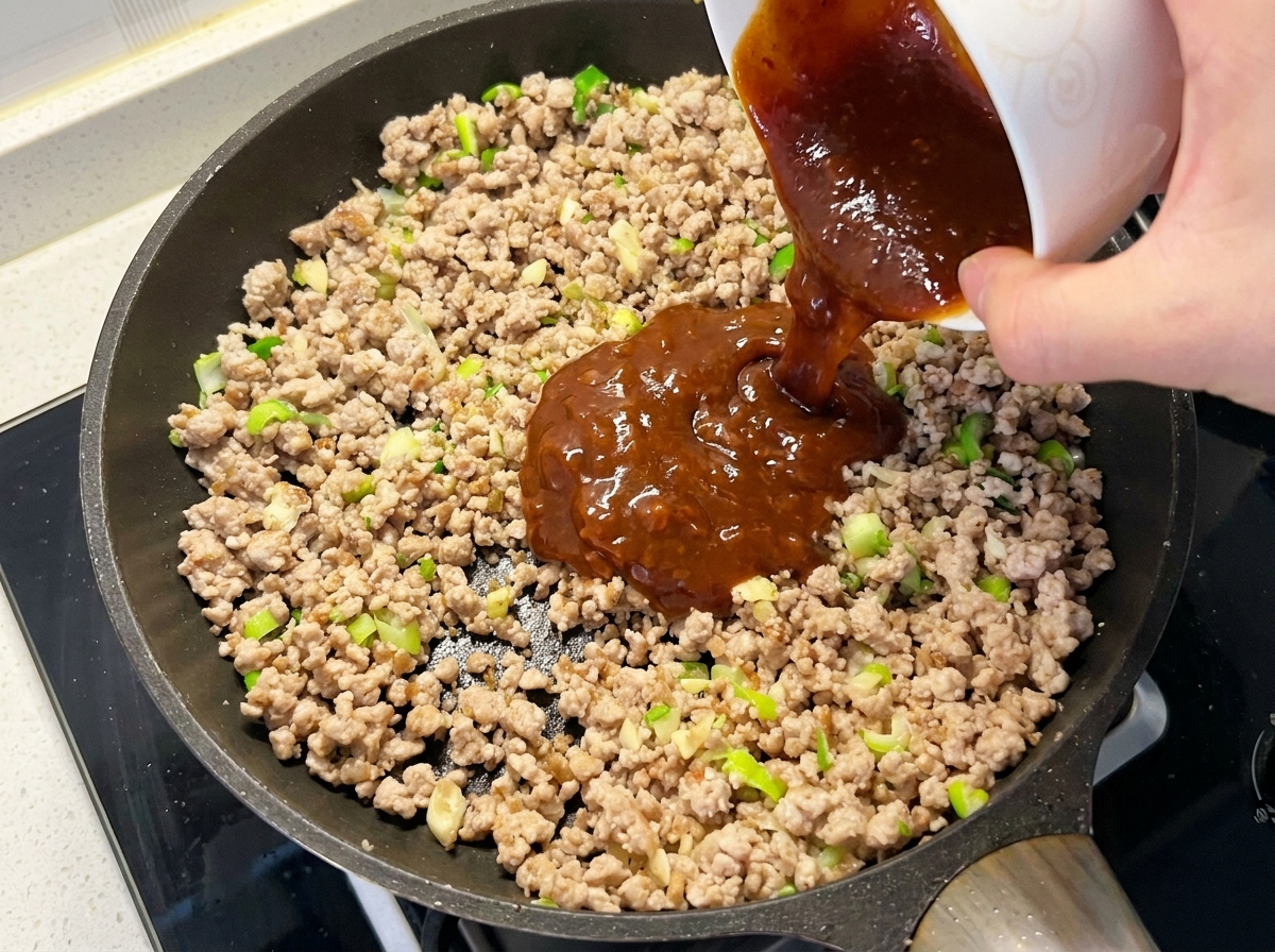 Il composto di salsa versato nella padella sopra la carne e gli aromi.