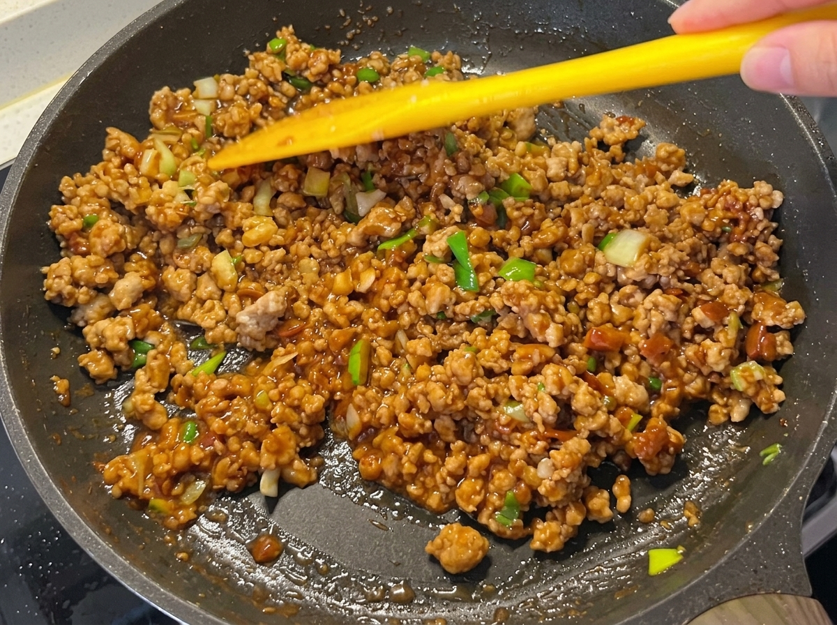 La salsa di carne addensata e lucida nella padella.