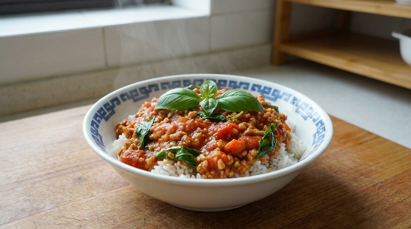 Ciotola di riso con carne macinata e pomodoro al basilico