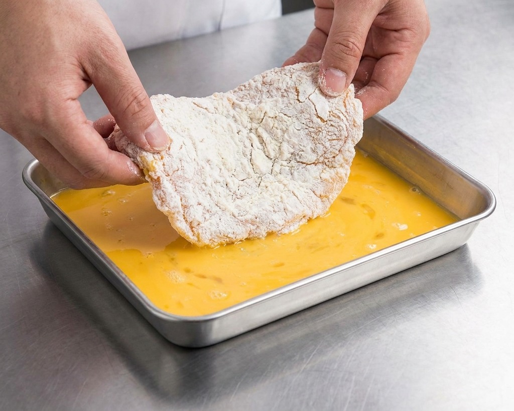 Mani che tengono una fetta di bistecca infarinata sopra una teglia rettangolare di uovo sbattuto.