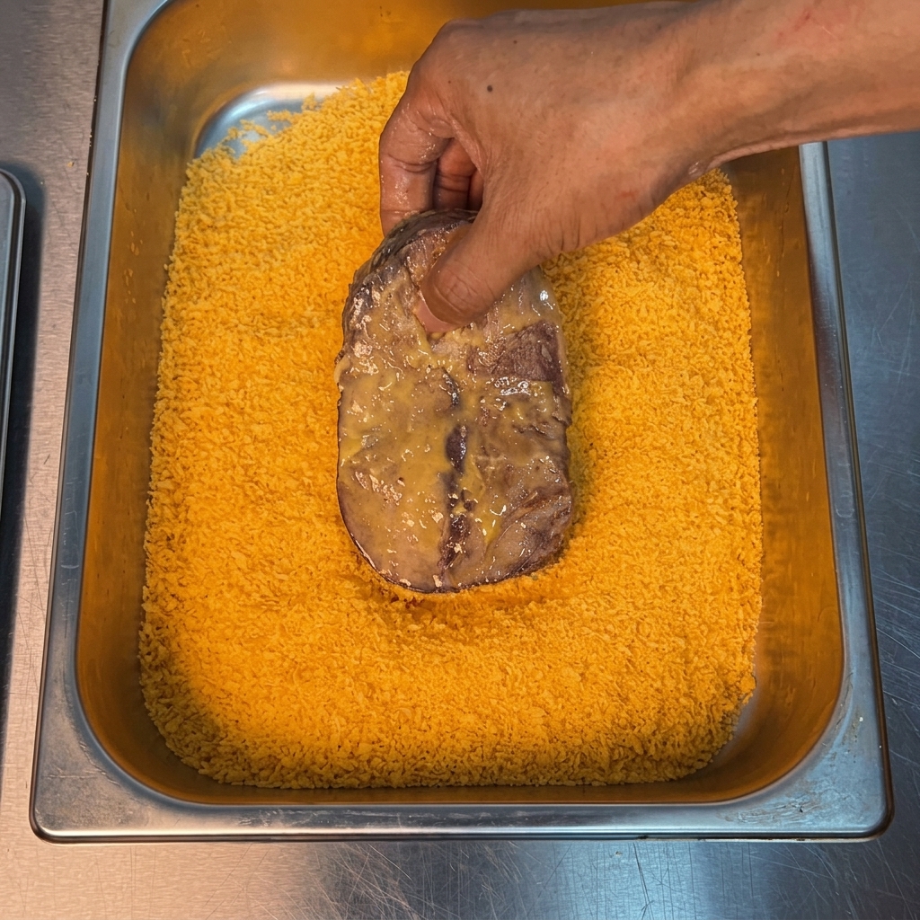 Una mano che preme con forza la bistecca in una teglia piena di pangrattato panko dorato.